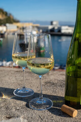 Tasting of txakoli or chacolí slightly sparkling very dry white wine produced in Spanish Basque Country with view on old port and village Getaria, Spain