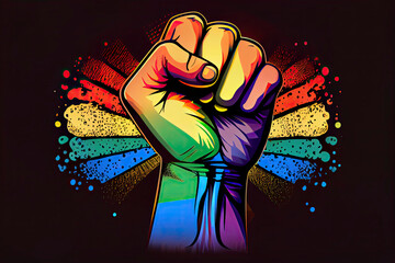 Rainbow colored hand with a fist raised up. Gay Pride. LGBT concept