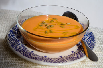 Famous vegetables cold soup from Cordoba, Andalusia salmorejo served cold in cafe for lunch as starter dish