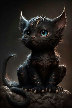 Cartoon cat dragon. Dark fantasy Generative AI 