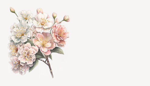 Branch of sakura flowers. Watercolor style tender image, light colors. Banner with place for text. Springtime greeting card. Generative AI.