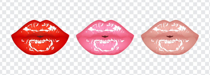 Beautiful bright female sexy glossy lips of red, pink and beige nude colors, kiss. Set of isolated vector illustrations on a transparent background