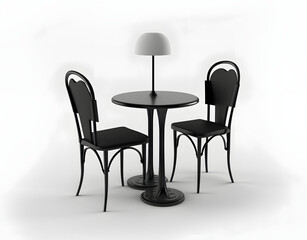 black chairs and table isolated on white background. with focus stacking