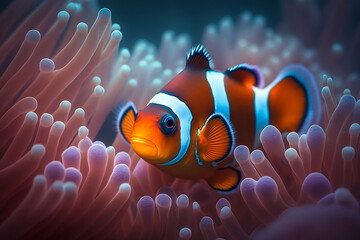 Obraz na płótnie Canvas Coral Reefs and Their Treasures: the Clownfish Shows Off Its Vibrant Colors - AI Generative