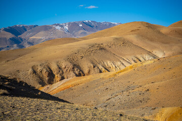 Yellow mountains in Kyzyl-Chin valley or Mars valley in Altai, Siberia, Russia.