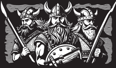 Beautiful and trendy black and white linocut art of a viking