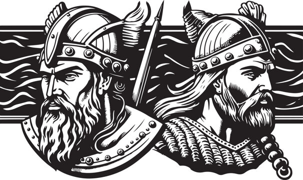 Beautiful and trendy black and white linocut art of a viking