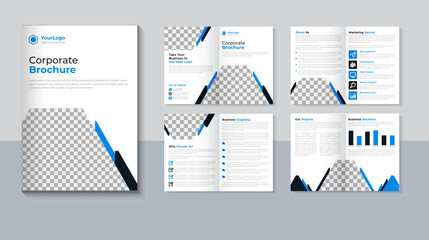Corporate 8 page brochure design, Company profile brochure design, Business brochure template, Blue color, layout vector