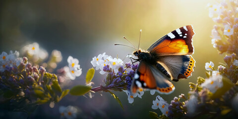 Beautiful butterfly Fluttering Amongst the colorful Spring Flowers. Blooming Flowers with amazing Bokeh and Featuring a elegant butterfly at beautiful Sunrise. Ai generated art