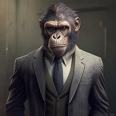 Monkey in human clothes suit tie shirt office style Generative AI