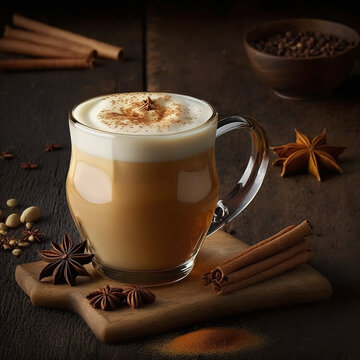 cup of chai latte with cinnamon sticks