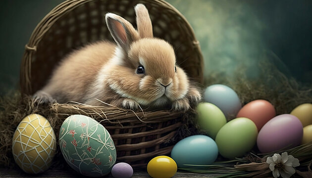 Easter bunny and Easter eggs on a festive background new quality, universal colorful technology, image illustration design, generative ai