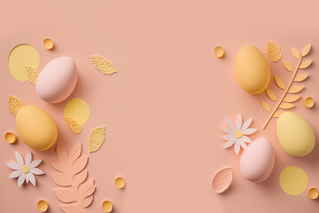 Naklejka na ściany i meble Pastel Easter eggs on warm pink background top view