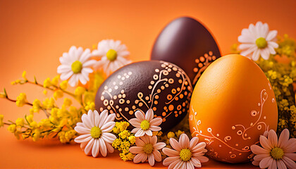 Easter eggs on orange  background new quality universal colorful technology stock image illustration design, generative ai