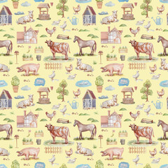 Domestic animals farm cow sheep horse chicken rooster watercolor illustration hand drawn big set isolated on white background