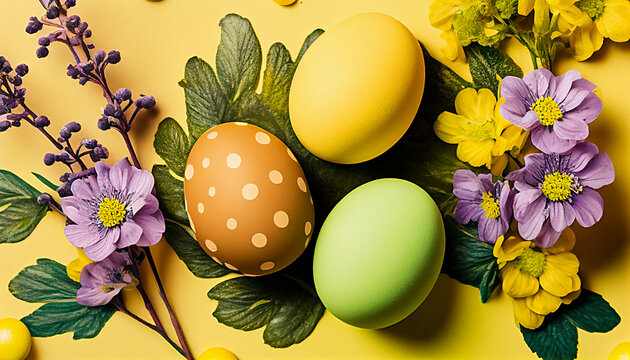 Easter eggs on yellow  background new quality universal colorful technology stock image illustration design, generative ai