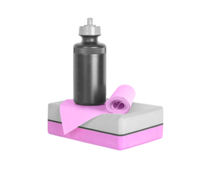 Set of fitness equipment. Sports water bottle, yoga block and exercise band, front view, close-up.