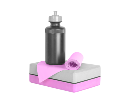 Set of fitness equipment. Sports water bottle, yoga block and exercise band, front view, close-up.