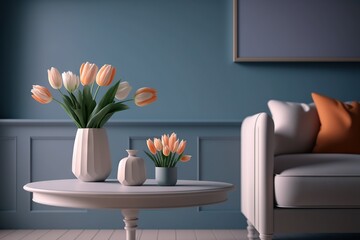 Minimalistic living room interior design with tulips in a vase on the coffee table and pleasant color accents.