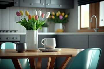Minimalistic kitchen interior design with tulips in vase, cup on a dining table and pleasant color accents.