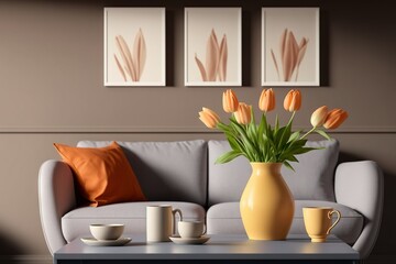 Minimalistic kitchen interior design with orange tulips in vase and pleasant terracotta accents.