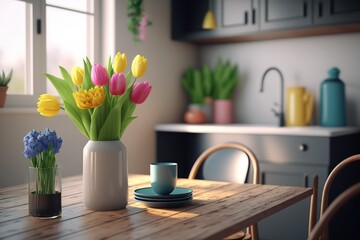 Fototapeta na wymiar Minimalistic kitchen interior design with pink & yellow tulips in vase and pleasant color accents.