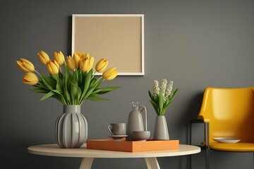 Minimalistic kitchen interior design with yellow tulips in vase and pleasant color accents.
