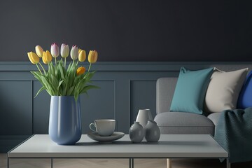 Minimalistic living room interior design with yellow tulips in a blue vase on the coffee table and pleasant color accents.
