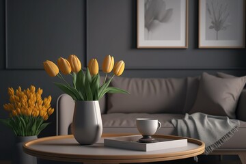 Minimalistic kitchen interior design with yellow tulips in vase and pleasant color accents.