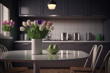 Minimalistic kitchen interior design with white tulips in vase and pleasant color accents.