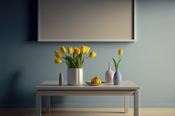 Minimalistic living room interior design, with yellow tulips in a vase on the coffee table and pleasant color accents. 