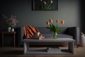 Minimalistic kitchen interior design with orange tulips in glass vase and pleasant color accents.