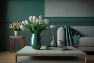 Minimalistic living room interior design with white tulips in a vase on the coffee table and pleasant color accents.