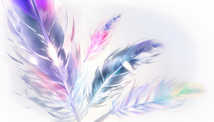 Beautiful prismatic feather background, random multicolored angelic pastel tinted blue feather background - small fluffy blue feathers randomly scattered forming a background