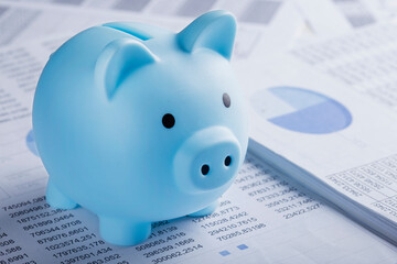 Moneybox for money on the background of documents and financial charts. Investment and capital accumulation concept