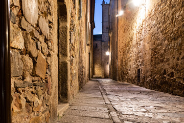 Night photographs of the old town of the monumental city of Cáceres, Extremadura, Spain. UNESCO...