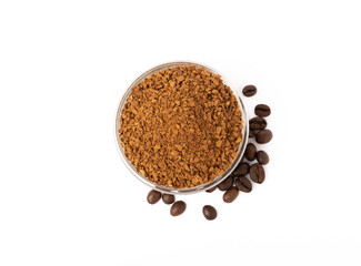 Instant coffee grains in a glass bowl isolated on white background.