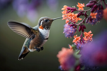 Fototapeta premium Beautiful hummingbird flying Amongst the colorful Spring Flowers. Blooming Flowers with amazing Bokeh and Featuring a elegant bird colibri at beautiful sunrise. Ai generated art