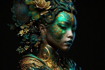 geisha malachite and yellow, bioluminescent filigree, generative AI - obrazy, fototapety, plakaty