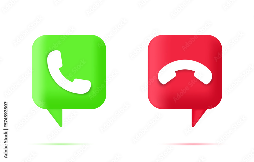 Poster 3d phone call button icon set. accept and decline, green and red sign. incoming messenger phone call