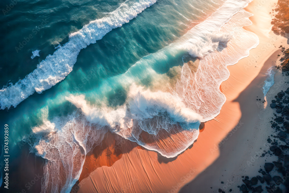 Wall mural aerial view of ocean waves at the beach. generative ai.