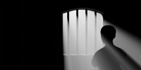 Man silhouette behind jail bars looking out. Person standing inside of the prison and looking in freedom. 3d rendering illustration.