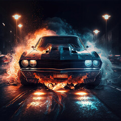 Cool generic muscle car spinning hot tires illustrated using generative AI