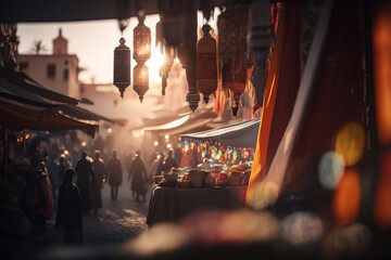 Sunset Adventure in Marrakech: Exploring the Colorful Markets and Aromas of Morocco's Exotic Souks AI Generative - obrazy, fototapety, plakaty