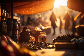 Sunset Adventure in Marrakech: Exploring the Colorful Markets and Aromas of Morocco's Exotic Souks AI Generative