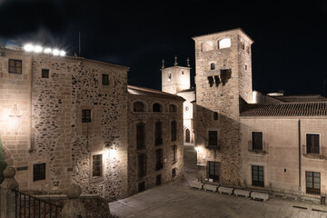 Night photographs of the old town of the monumental city of Cáceres, Extremadura, Spain. UNESCO...