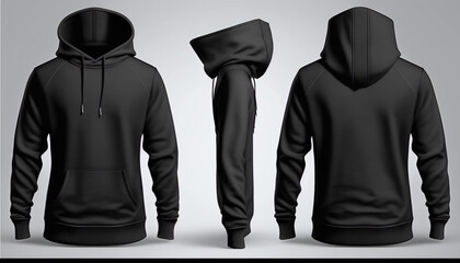 Men's black hoodie template, men's hoodie for your mockup design for printing, isolated on white background, 3D illustration, 3D rendering