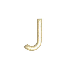 J alphabet letters gold foil isolated. Gold yellow metallic letter. Alphabetical font. Foil symbol. Bright metallic 3D