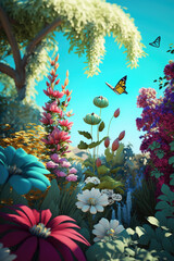 Magical blooming garden. Incredibly detailed and colorful landscape with blue Sky, lush greenery, and sun light. AI-Generated illustration