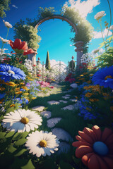 Magical blooming garden. Incredibly detailed and colorful landscape with blue Sky, lush greenery, and sunlight. AI-Generated illustration